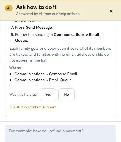 The Ask how to do it panel, answered by AI from our help articles: numbered steps, the menu path, and Was this helpful.