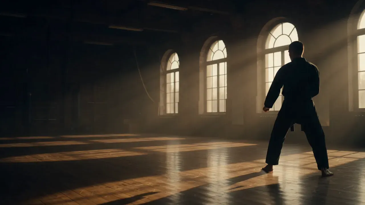 A martial artist in a dark uniform throwing a high kick in a training hall lit by tall arched windows