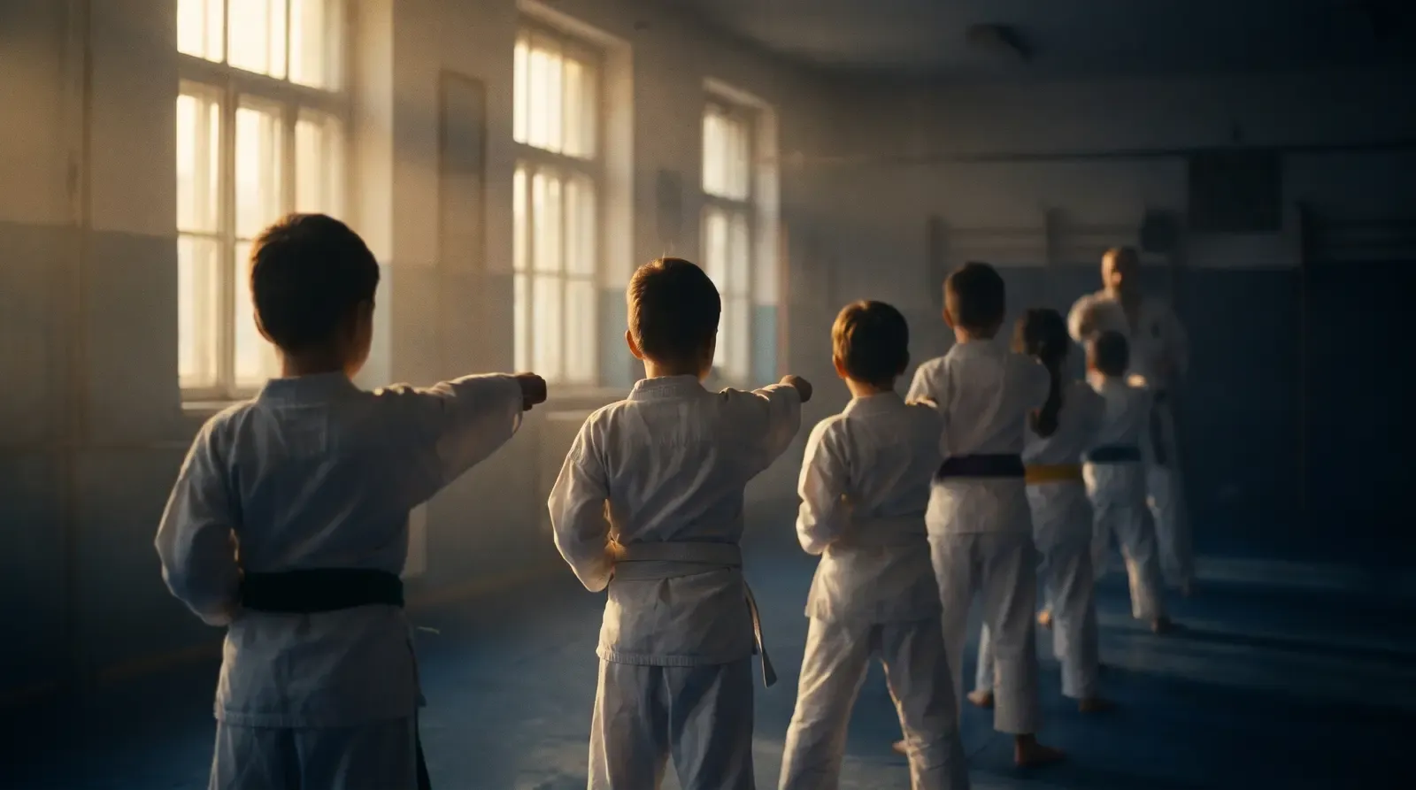 Children in white uniforms and colored belts practising punches in a row, seen from behind in warm window light