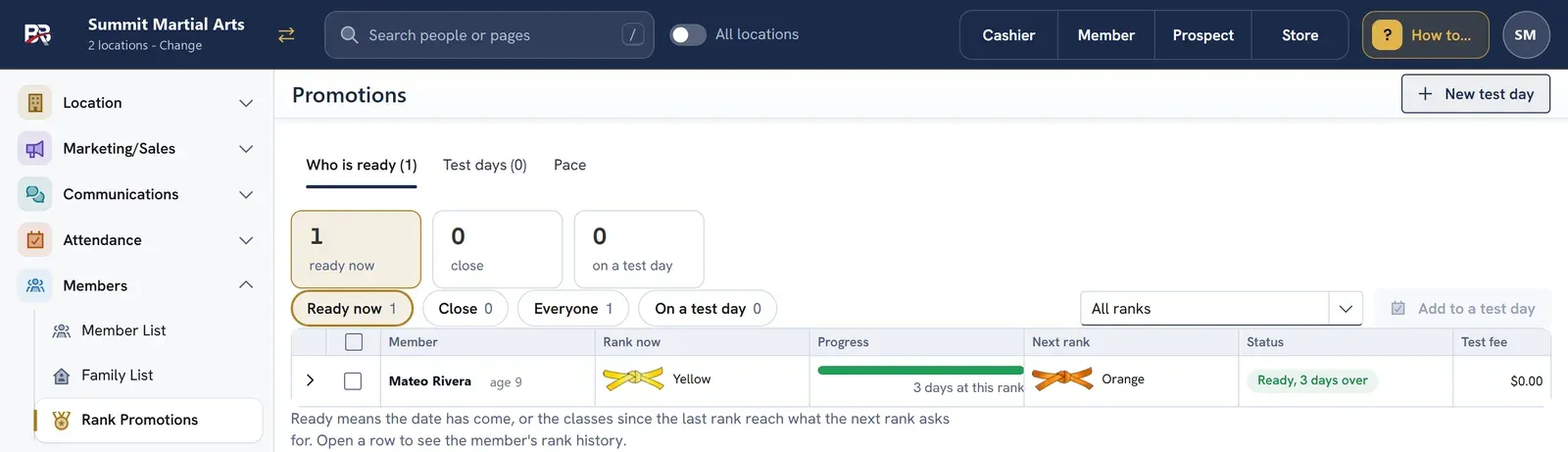The Promotions screen: one student ready now, moving from yellow to orange belt, with a progress bar and a New test day button.